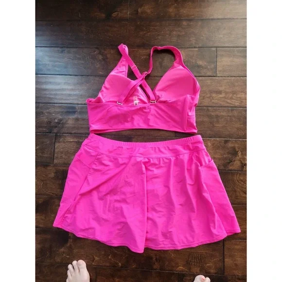 EUC Yonique Hot Pink Skirted Bikini Set - High- Waisted Tummy Control 20W Swim - Picture 11 of 11